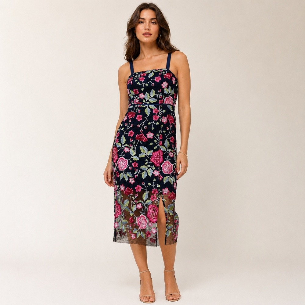 Sam Edelman Peony Embroidered Dress Floral Mesh Sheer Hem Slit Wedding Guest